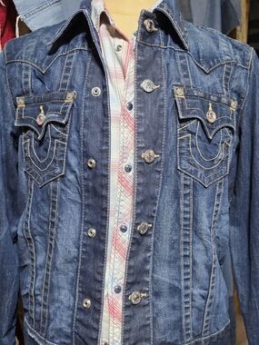 True Religion Blue Denim Jacket with Red Logo Patch